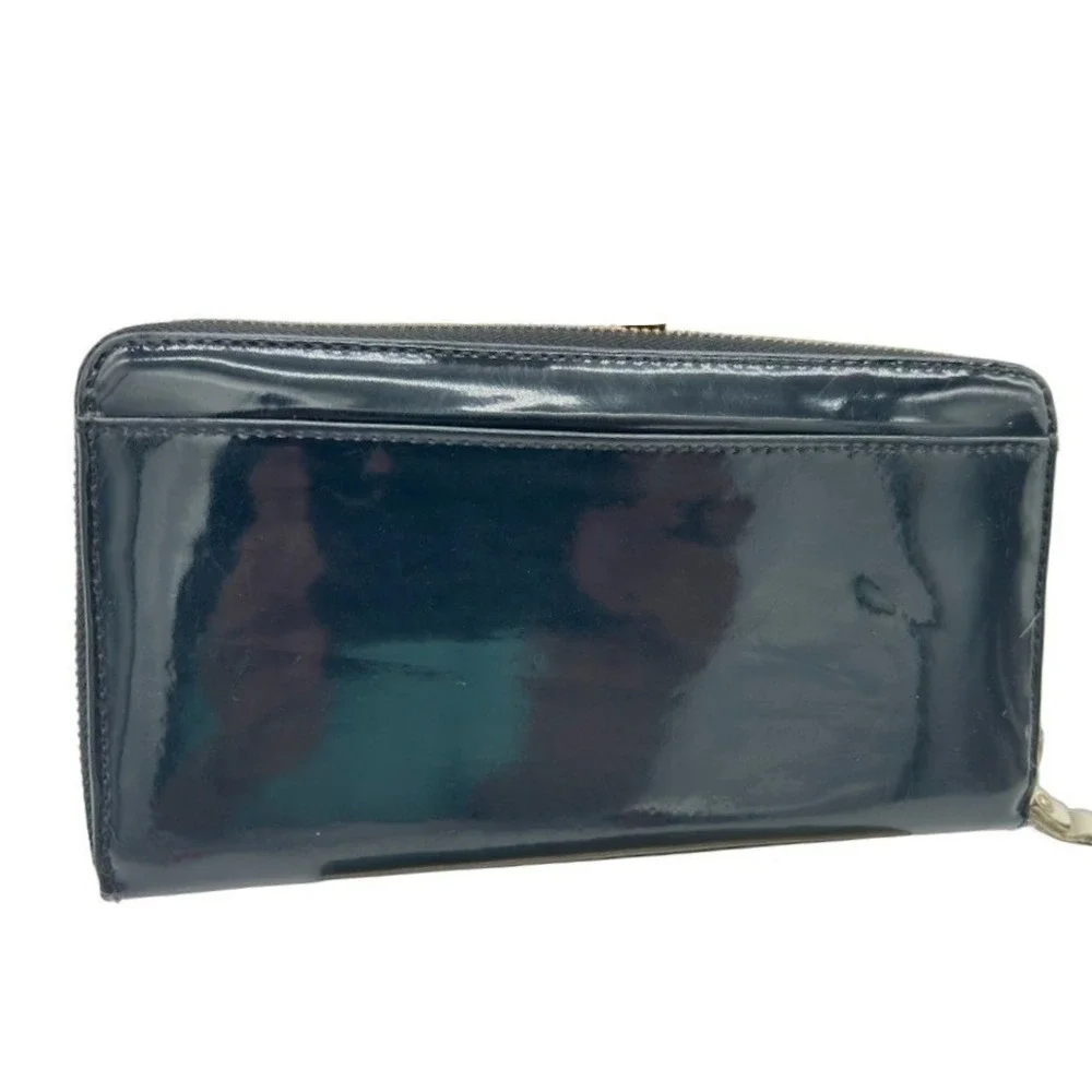 Kate Spade Zip Around Wallet Black Patent Leather Cream Trim Green Interior